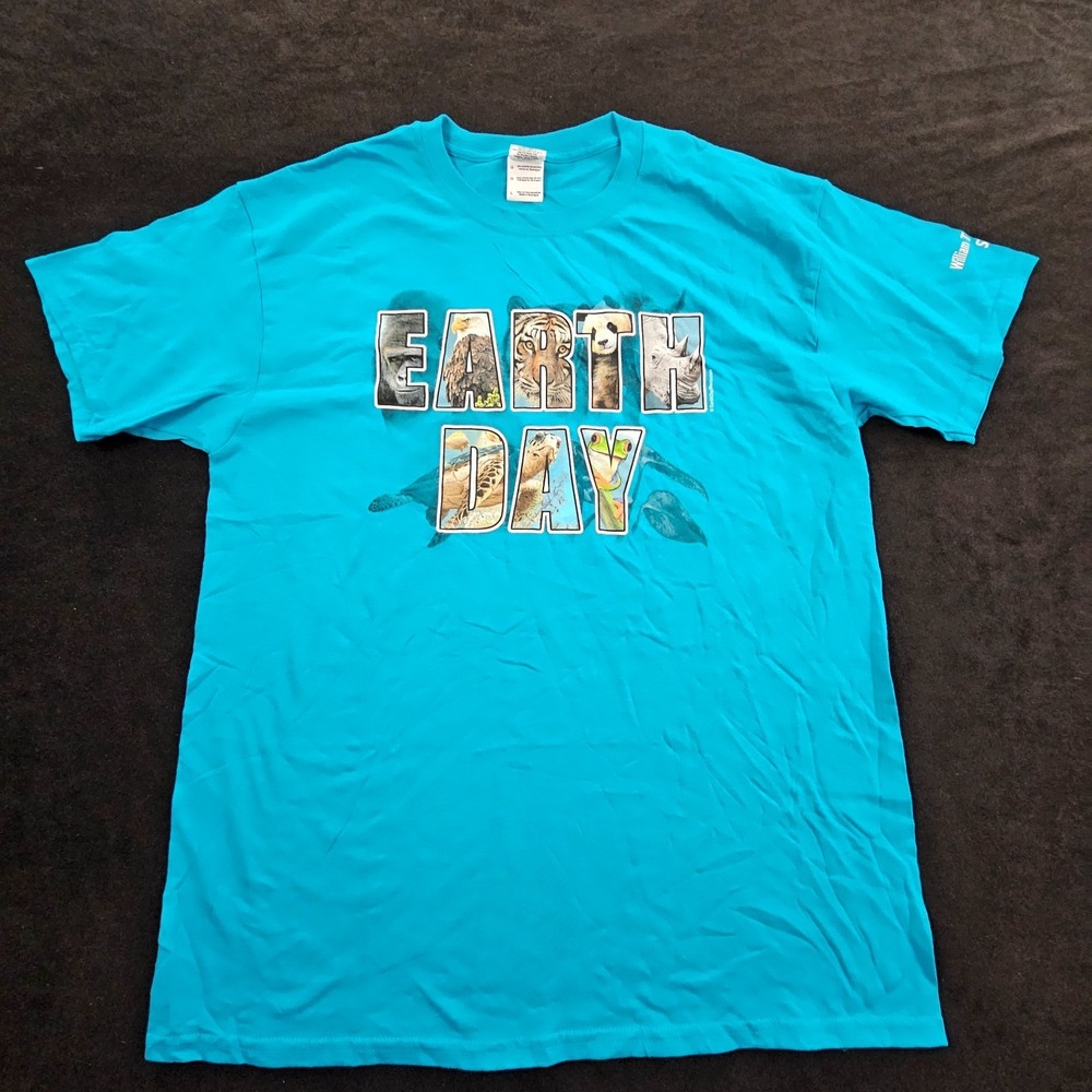 Earth Day Animals Blue Short Sleeve‎ Cotton T-Shirt Adult L